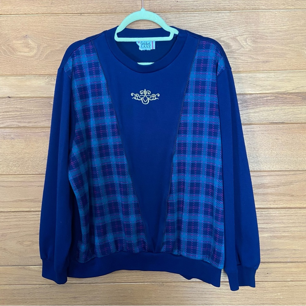 Vintage 90s Cricket Lane plaid navy embroidered colorblock pullover